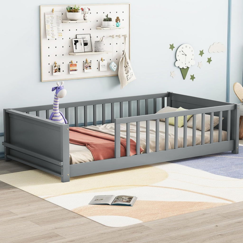 Twin Size Solid Pine Wood Floor Bed Frame with Safety Guardrails and Slats (Grey) P914