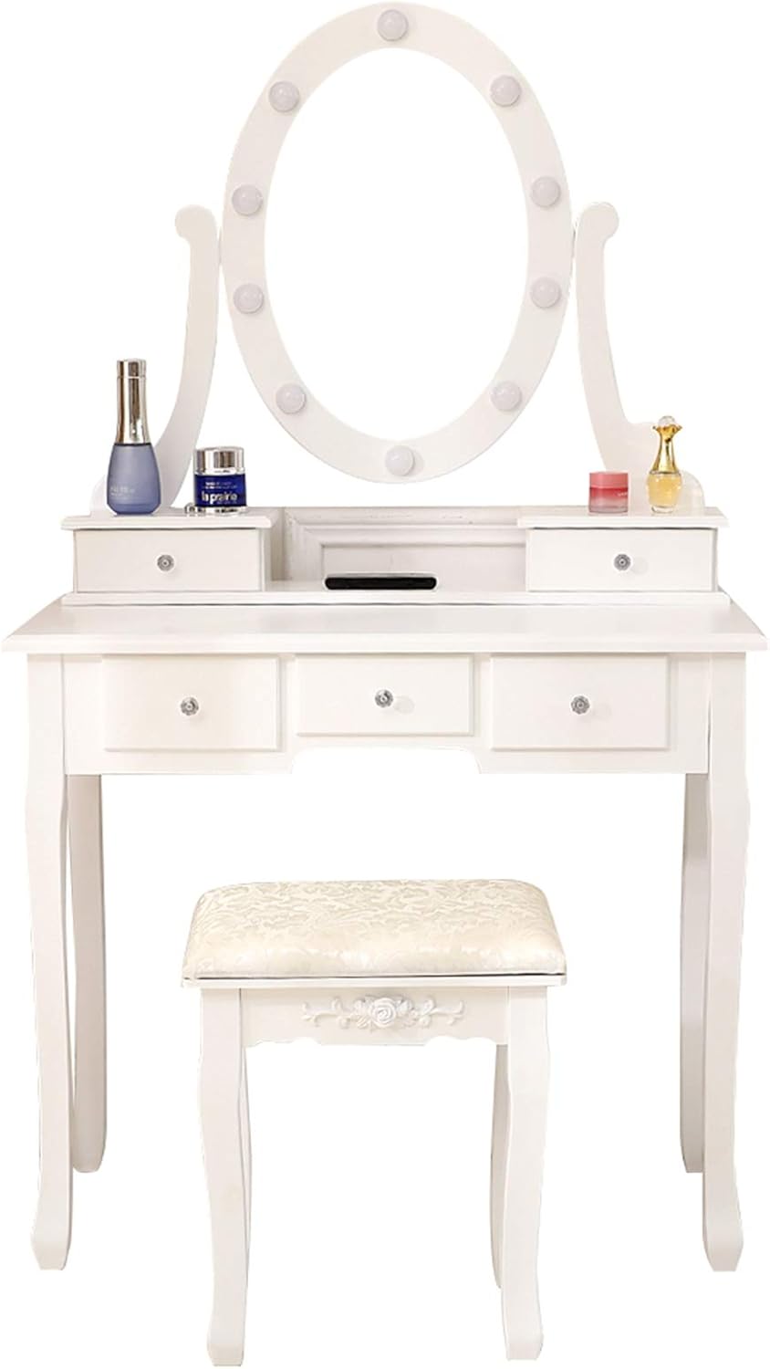 White Lighted Makeup Vanity Set with 10 Light Bulbs and 5 Sliding Drawers K122494