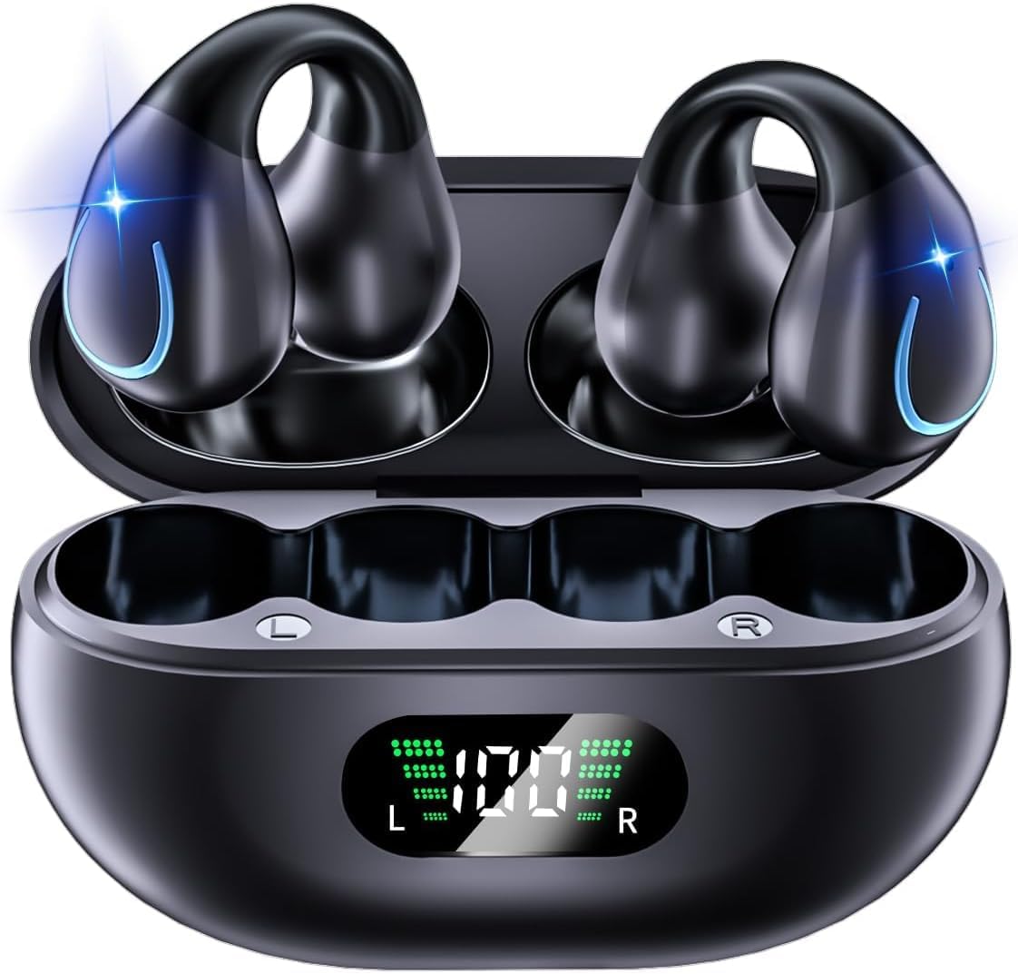 Open Ear Bone Conduction Headphones Wireless Bluetooth 5.3 Clip On EarBuds with LED Display Charging Case 60 Hours Playtime IPX7 Waterproof Black A589