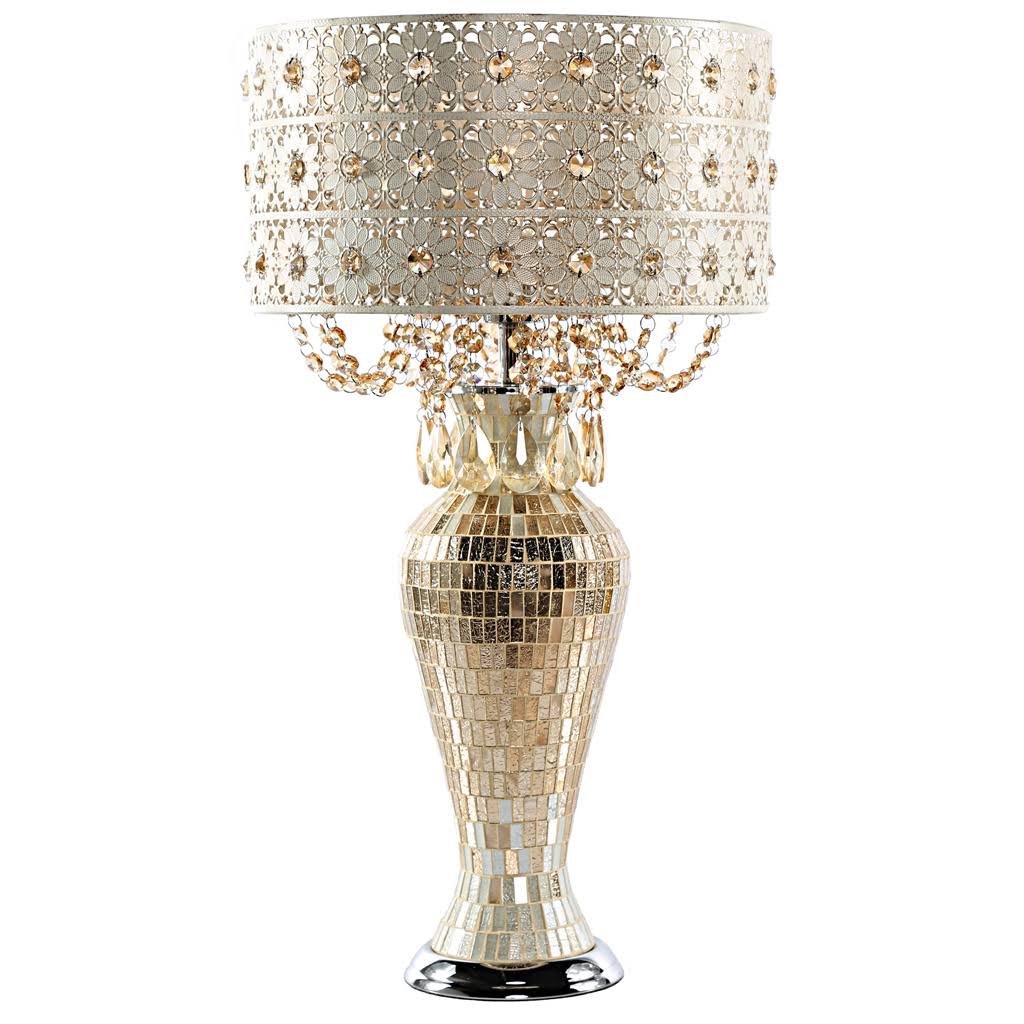 Gold Metal and Mosaic Base Table Lamp with Cascading Crystals N914091