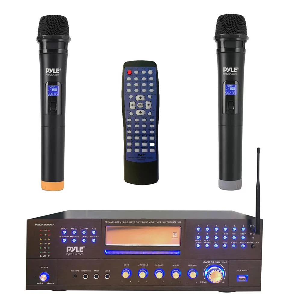 Home Theater Preamplifier Stereo Receiver System with Multimedia Disc Player, 2CH UHF Mic, MP3, USB Reader, AM/FM Radio W73917