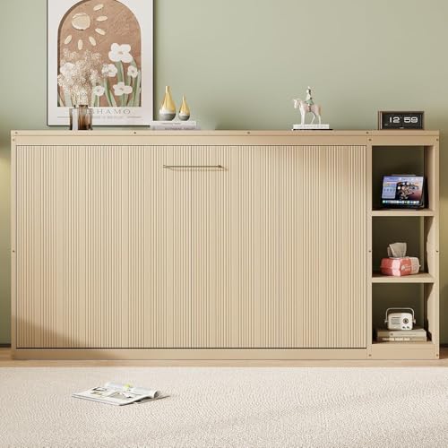 Full Size Wood Murphy Bed with Storage Shelves (White) D83573