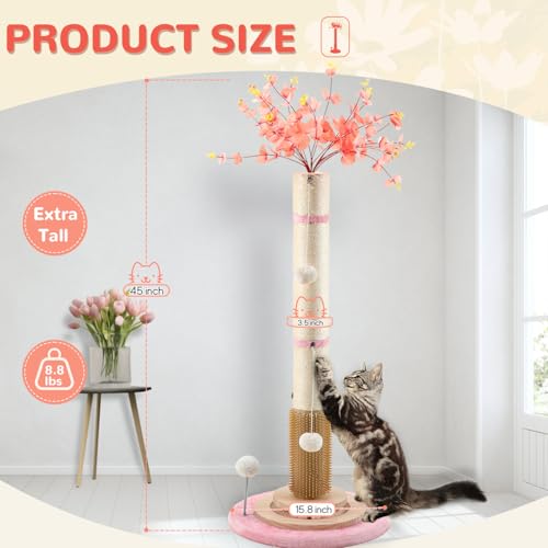 45'' Tall Sisal Rope Cat Scratching Post with Interactive Ball Toys (pink) C193