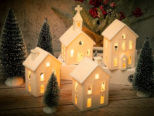 7PCS Christmas Village Sets - 3 LED Lighted Ceramic White Christmas Village Houses with Remote & 4 Trees W538