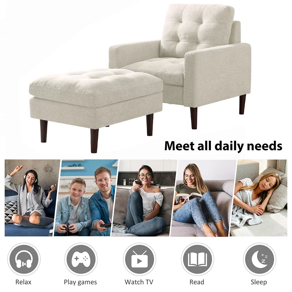 Beige Fabric Accent Chair with Ottoman and Solid Wood Legs P213482