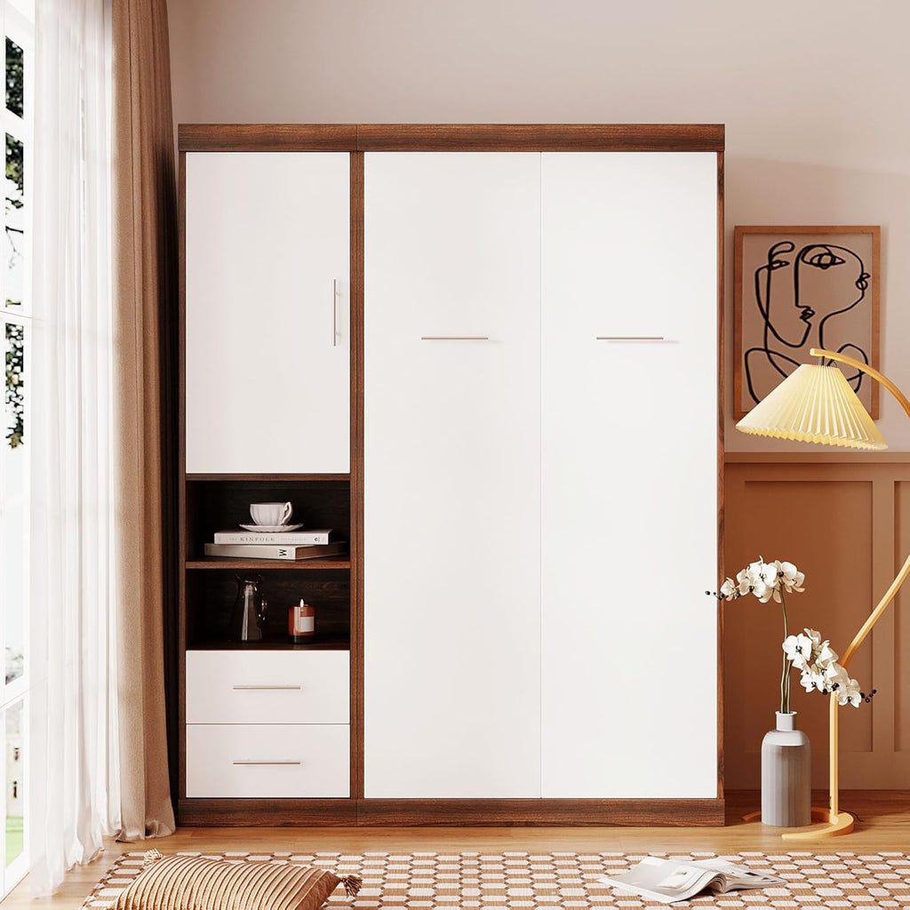 White Twin Size Wooden Murphy Wall Bed with Cabinet and Storage Drawers E838