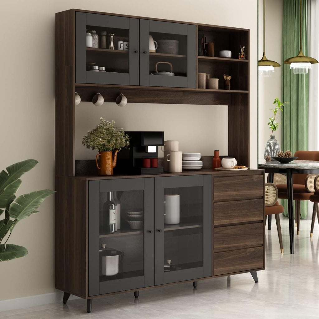 63"W 74.8"W Buffet with Hutch, Freestanding Kitchen Pantry Oak/White M7651