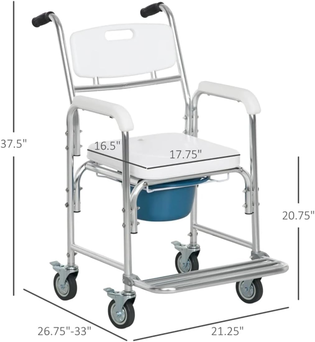 White Rolling Shower Wheelchair with Commode, 4 Lockable Wheels F7335
