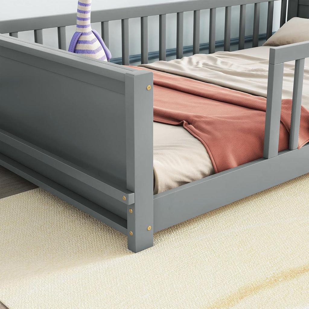 Twin Size Solid Pine Wood Floor Bed Frame with Safety Guardrails and Slats (Grey) P914