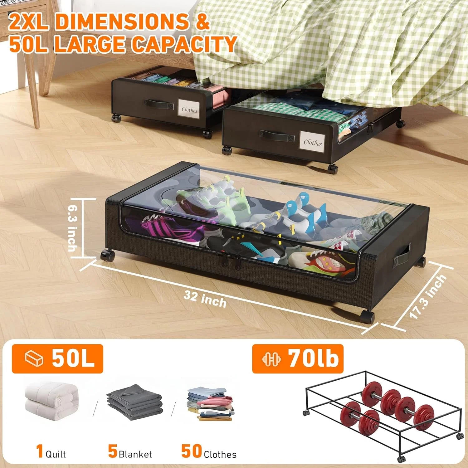 2-Pack Black Under Bed Storage Bins with Wheels and Clear Lids L118101