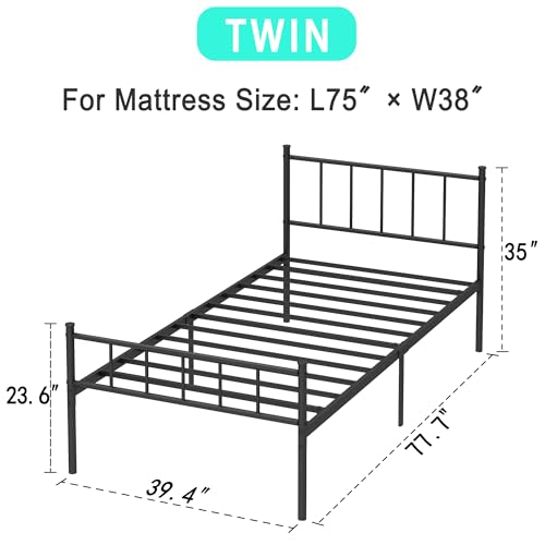 Black Metal Twin Size Platform Bed Frame with Headboard and Footboard T710036