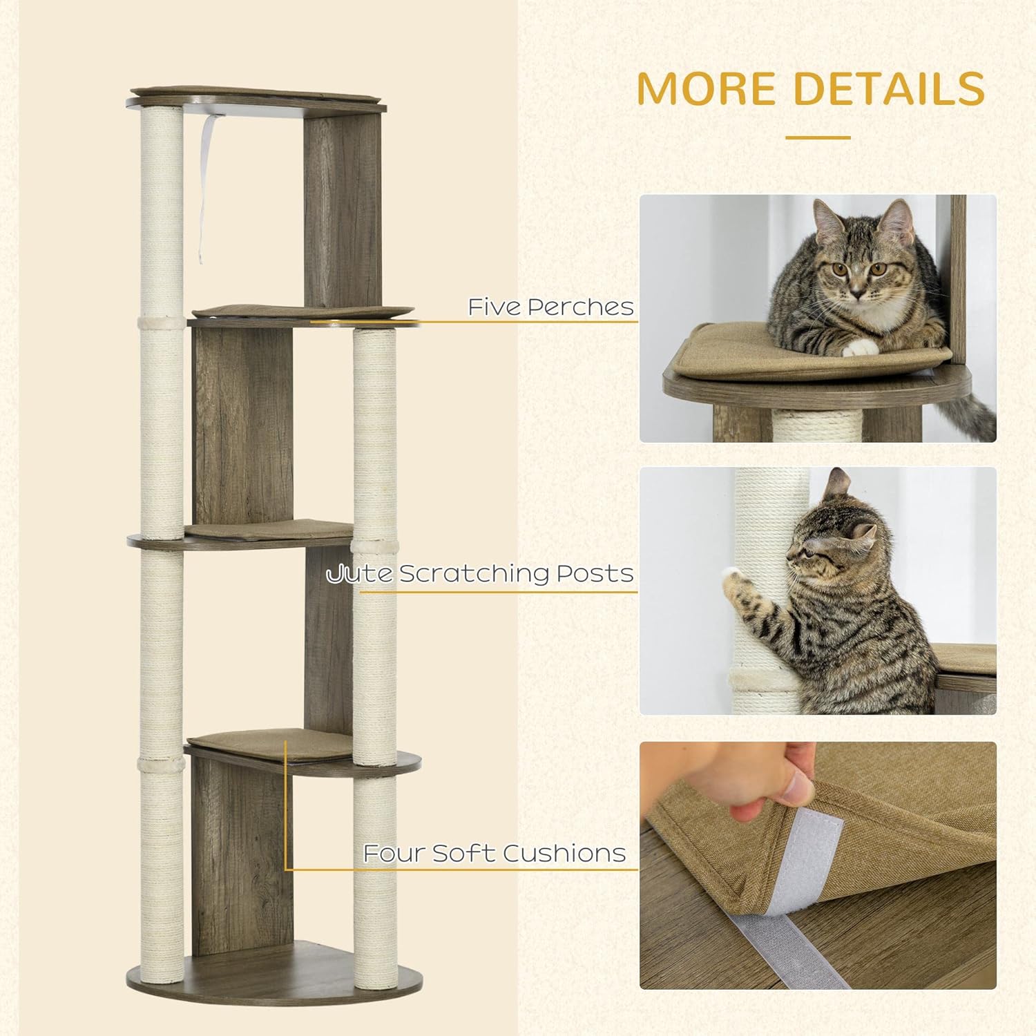 Cream White 65" Corner Cat Tree with Scratching Posts N213