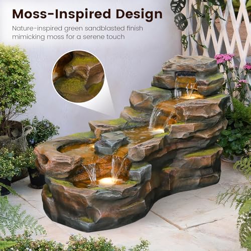 37" 5-Tiers Rock Natural Waterfall Outdoor Fountain with LED Lights K8812