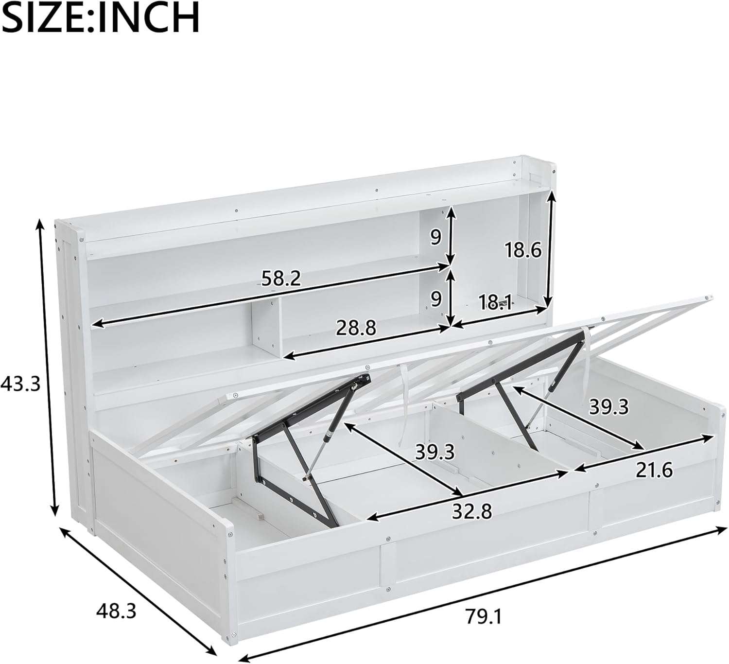 White Twin Size Daybed with Storage Bookcases and USB Charging Station K198