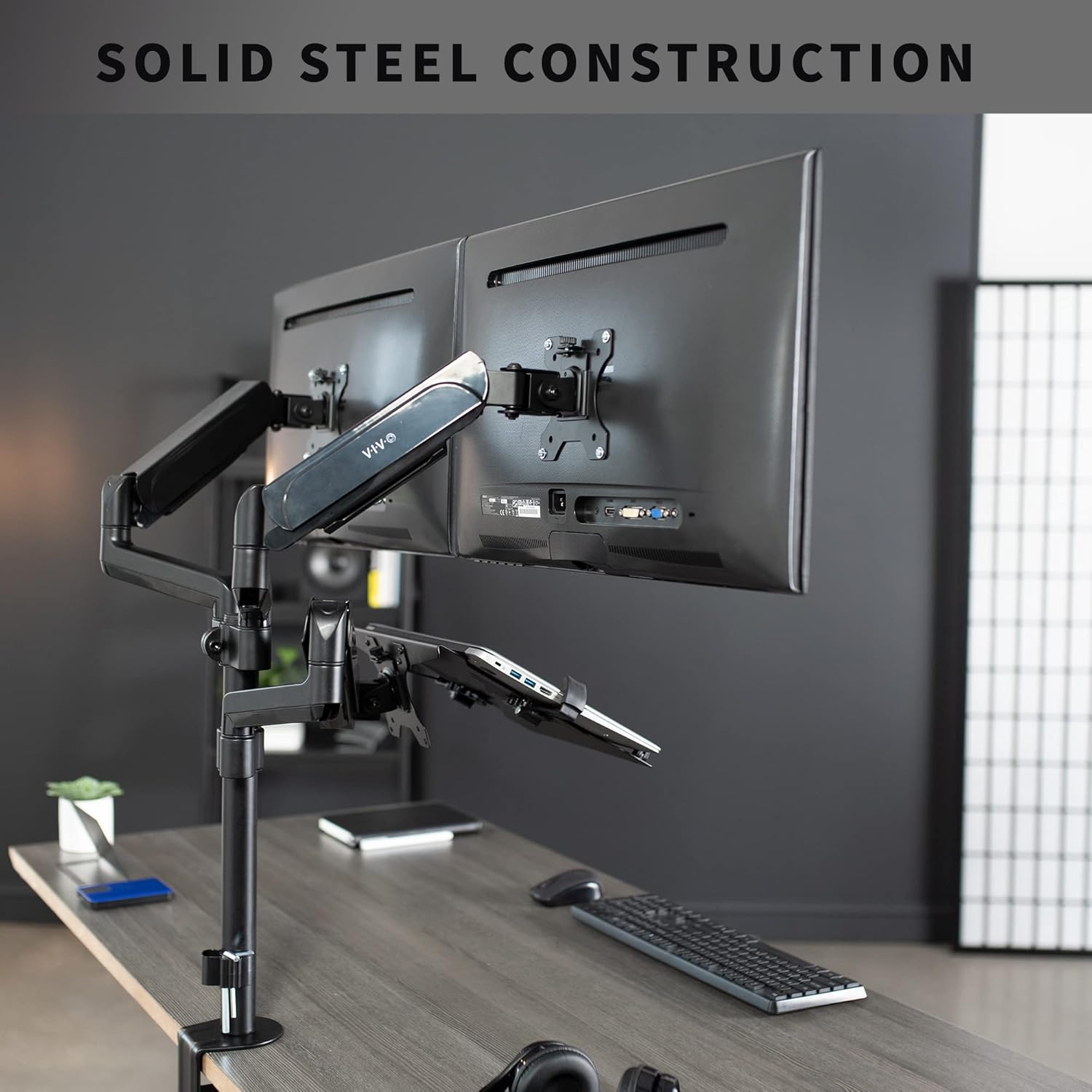 Black Pneumatic Arm Mount for Laptop and Dual 17 to 32 Inch Monitors M527
