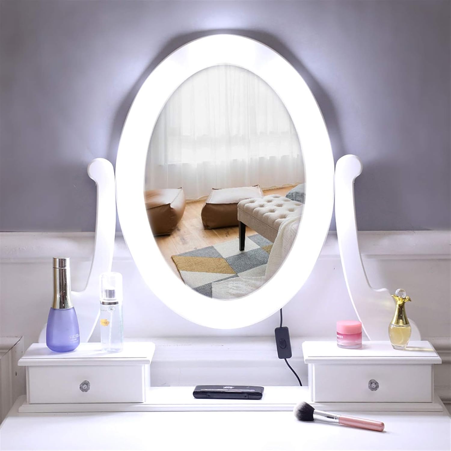 White Lighted Makeup Vanity Set with 10 Light Bulbs and 5 Sliding Drawers K122494