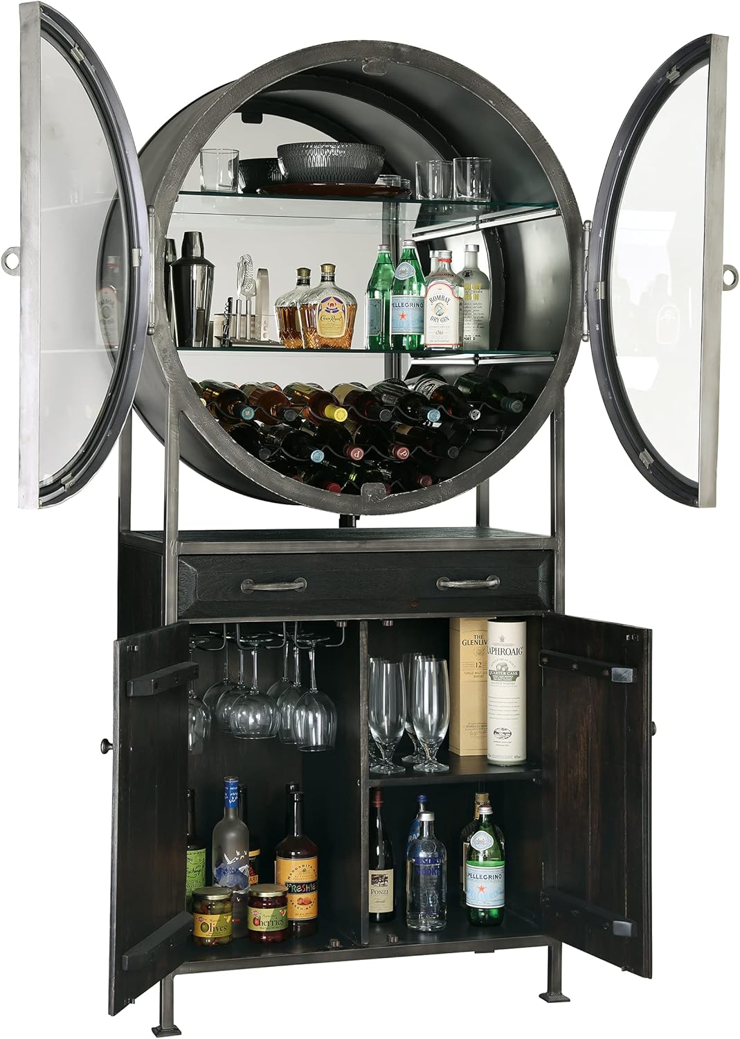 Aged Mocha Wine & Bar Cabinet with Metal Frame and 19-Bottle Wine Rack E46664