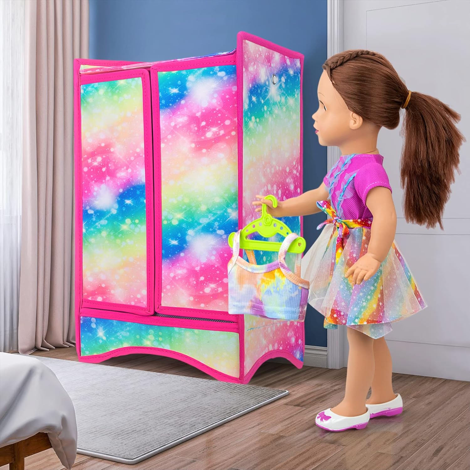18 Inch Doll Clothes Wardrobe with Hangers and Storage Box W13521