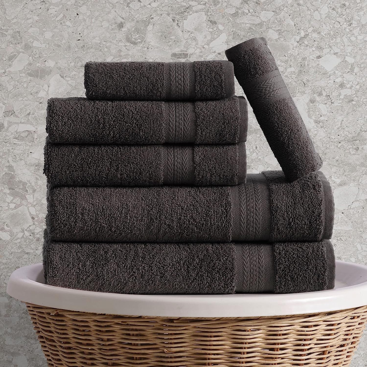 6 Piece Towel Set, 2 Bath Towels 2 Hand Towels 2 Washcloths, Grey O51598