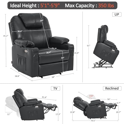 Power Lift Recliner Chair with Heat and Massage, Faux Leather (Black, Medium) L57703