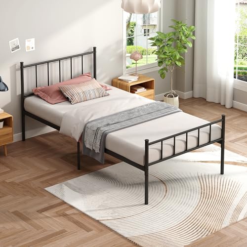 Black Metal Twin Size Platform Bed Frame with Headboard and Footboard T710036