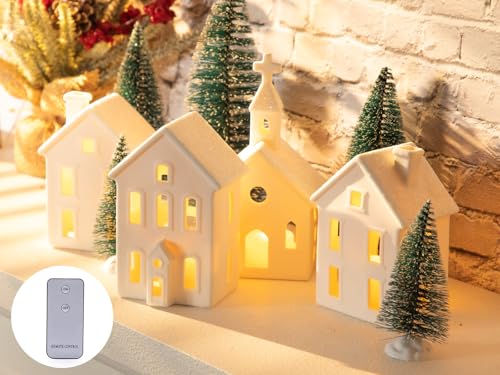 7PCS Christmas Village Sets - 3 LED Lighted Ceramic White Christmas Village Houses with Remote & 4 Trees W538