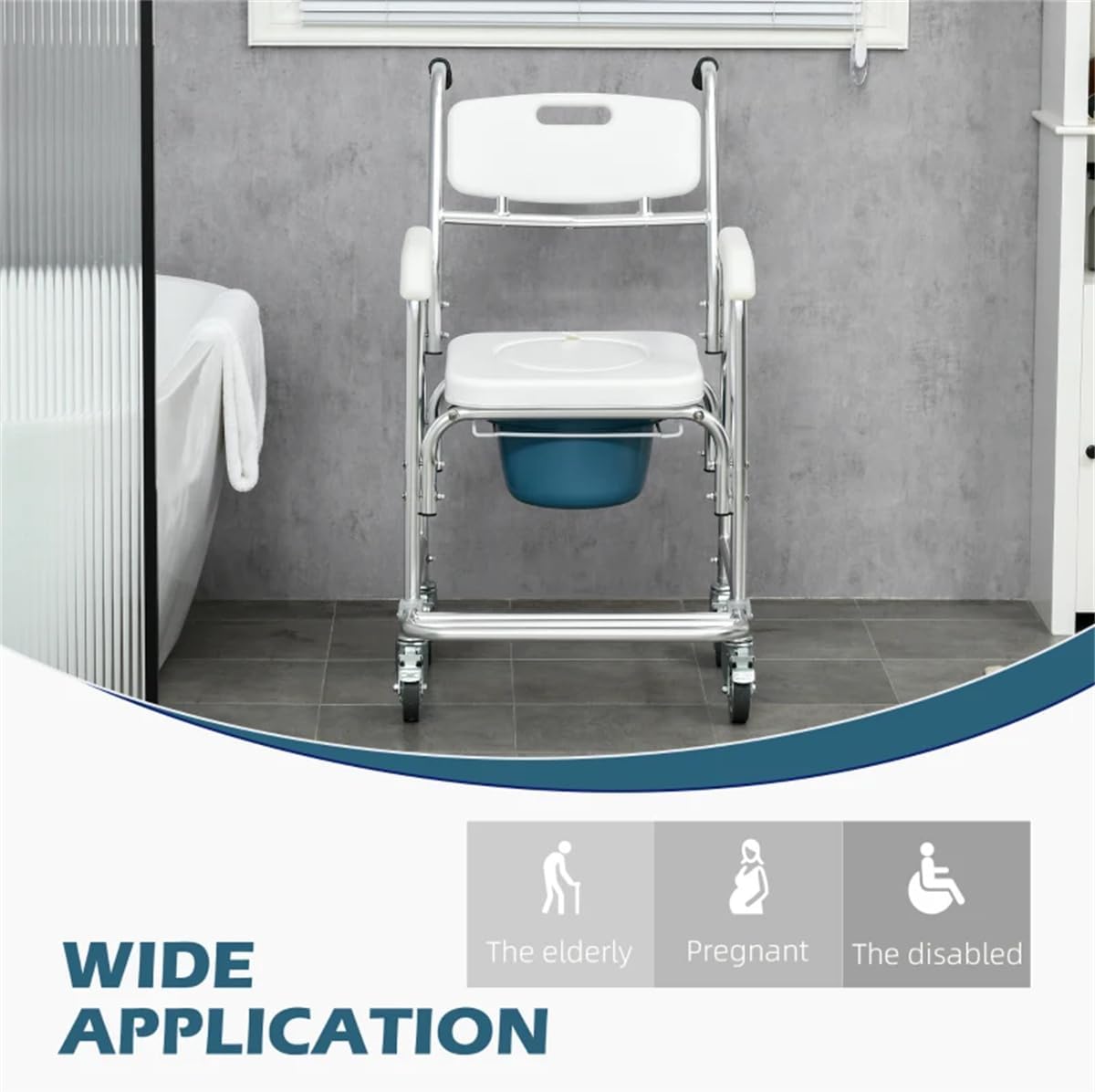 White Rolling Shower Wheelchair with Commode, 4 Lockable Wheels F7335