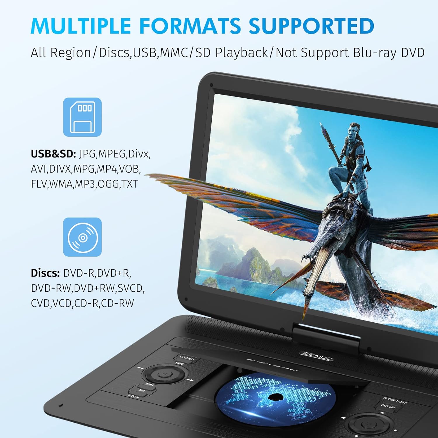 17.9" Portable DVD Player with 15.6" HD Swivel Screen, Rechargeable Battery, Remote Control K7404