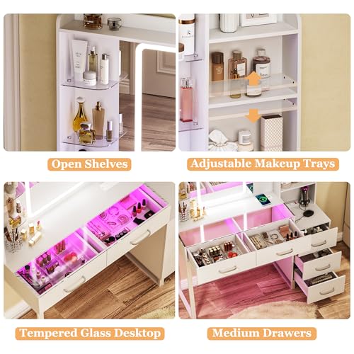 White 43" Vanity Desk with Mirror and LED Lights, Glass Top, Wireless Charging, RGB Drawers, 3 Colors Light, Power Outlet N86268