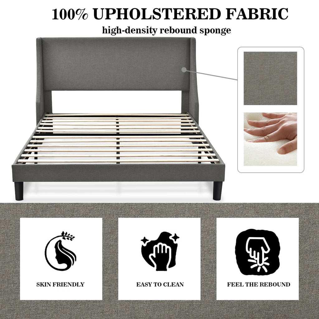 Full Size Fabric Upholstered Platform Bed Frame with Wingback Headboard, Light Grey X859