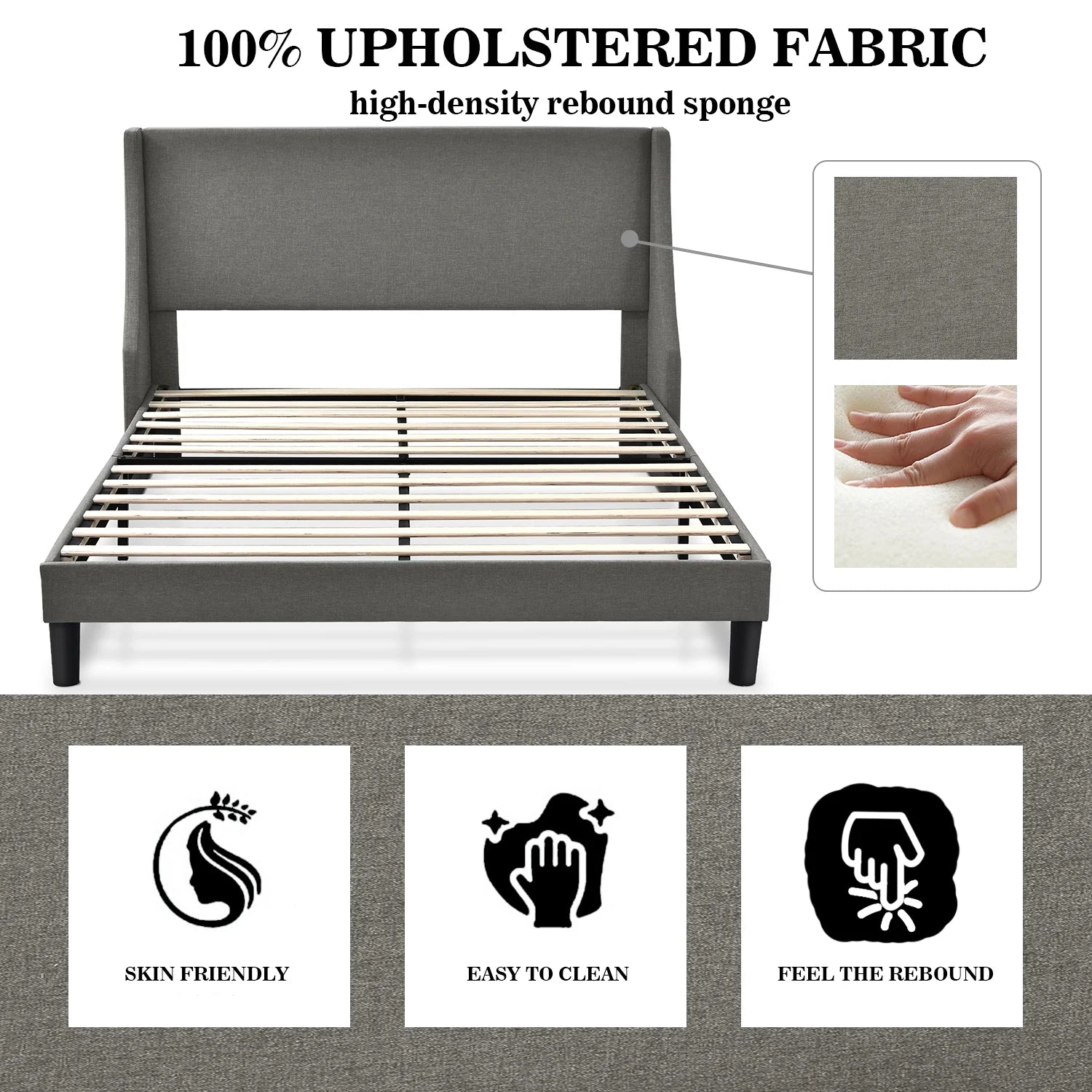 Full Size Fabric Upholstered Platform Bed Frame with Wingback Headboard, Light Grey X859