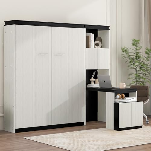 White Wood Full Murphy Bed with Desk and Storage Shelves J91448