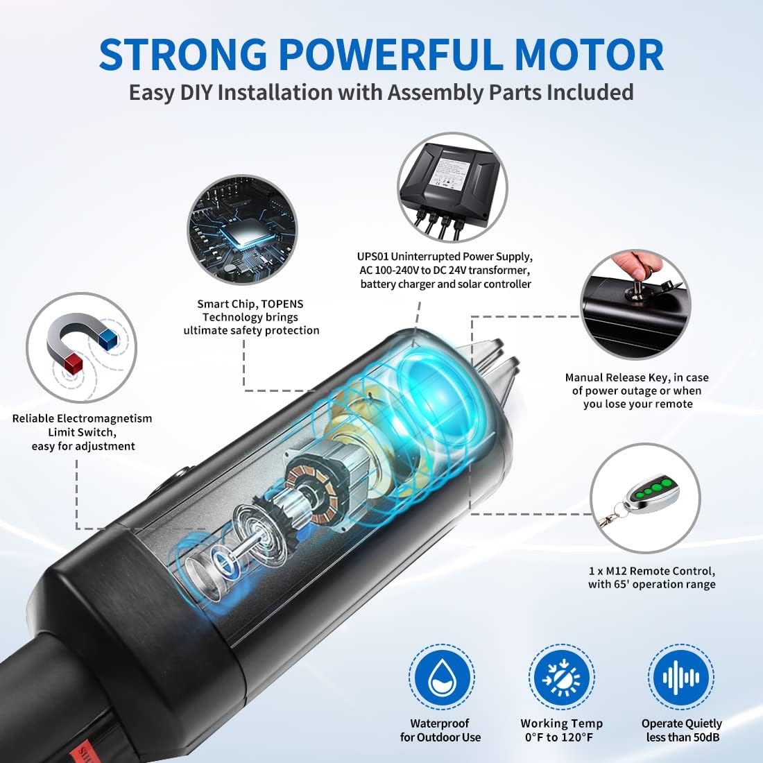Single Swing Gate Opener Automatic Gate Motor for Single Swing Gates Up to 16ft, Electric Driveway Gate Operator AC Powered with Remote Control Kit C9709