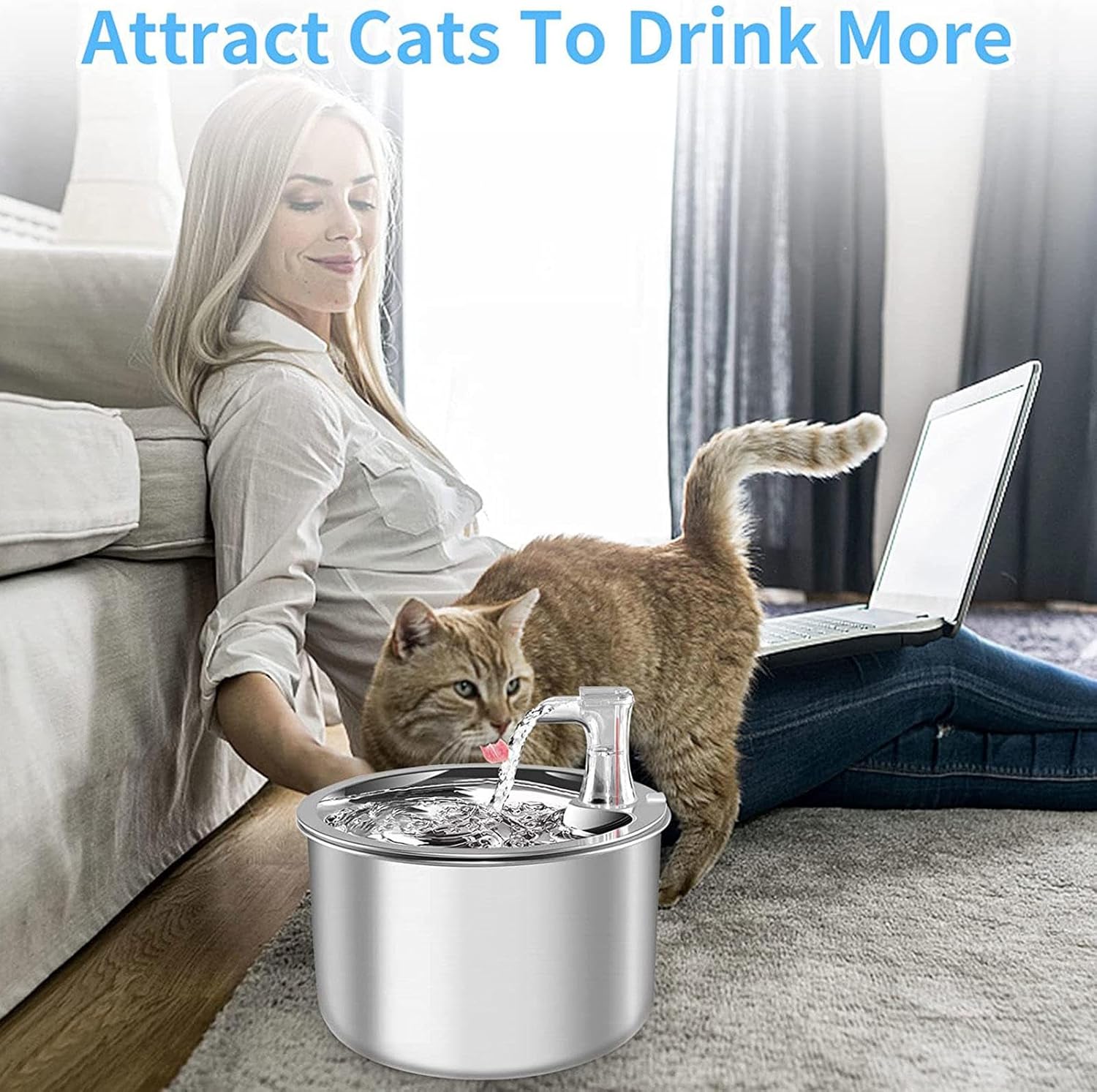 Stainless Steel Pet Water Fountain, 2L/67OZ Adjustable Water Flow E9612