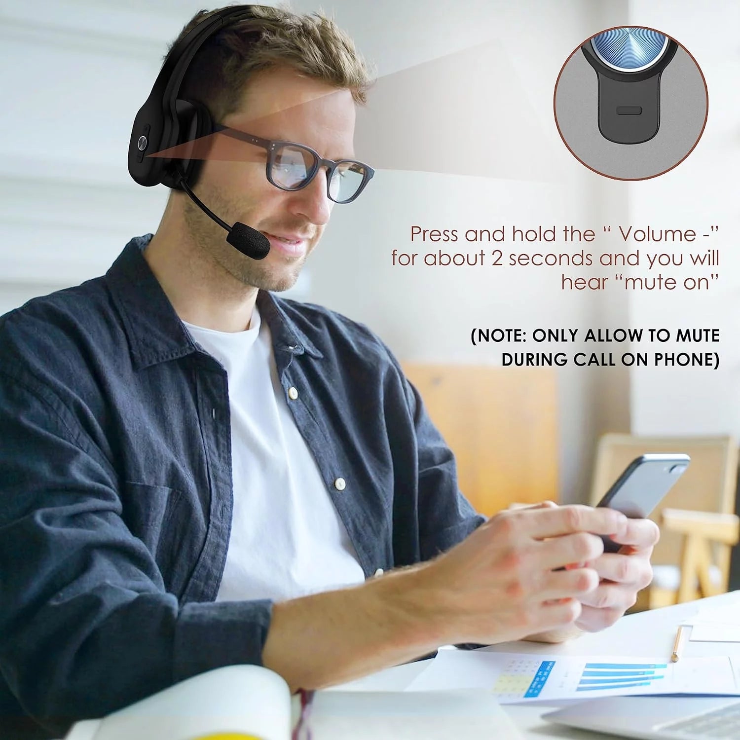 Bluetooth Headset with Noise Canceling Microphone, 60 Hours Working Time Wireless On-Ear Headset K37910