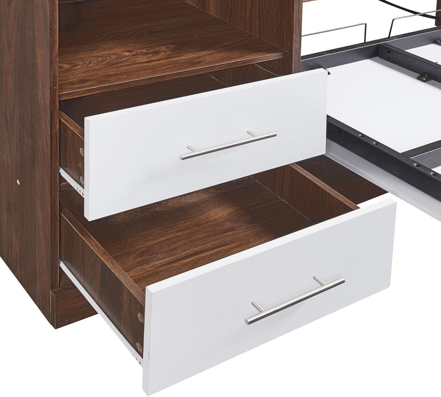 White Twin Size Wooden Murphy Wall Bed with Cabinet and Storage Drawers E838