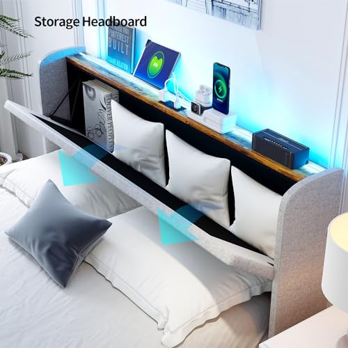 Queen Bed Frame with Storage Headboard & 4 Drawers, LED Upholstered, Light Grey Y2049