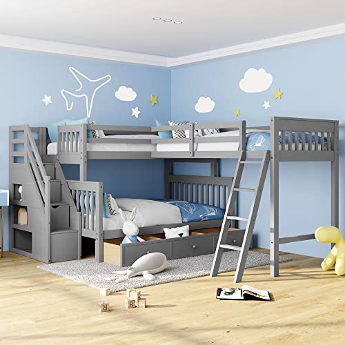 Gray Wooden Triple Bunk Bed with Storage Drawers J157060