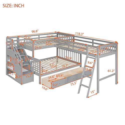 Gray Wooden Triple Bunk Bed with Storage Drawers J157060