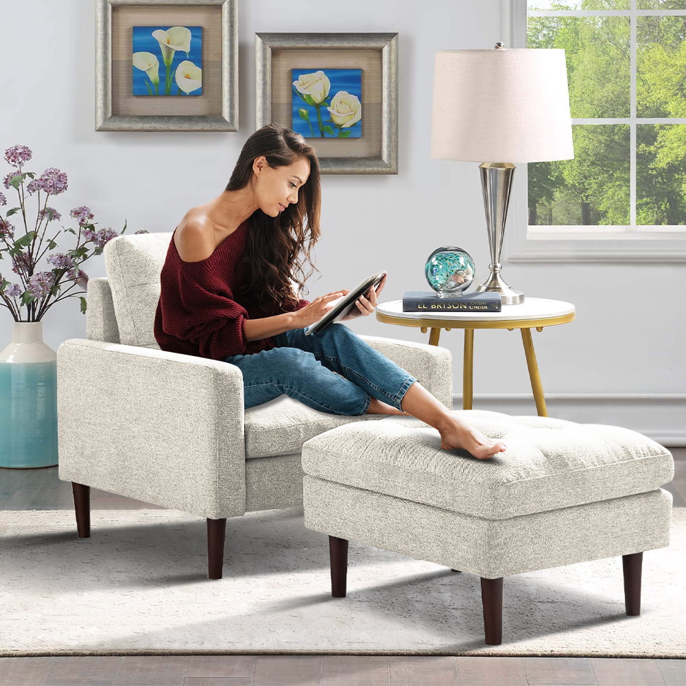 Beige Fabric Accent Chair with Ottoman and Solid Wood Legs P213482