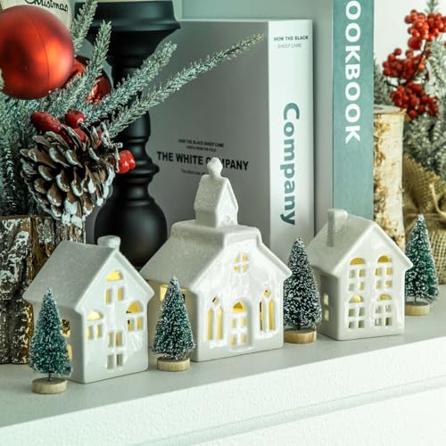 7PCS Christmas Village Sets - 3 LED Lighted Ceramic White Christmas Village Houses with Remote & 4 Trees W538
