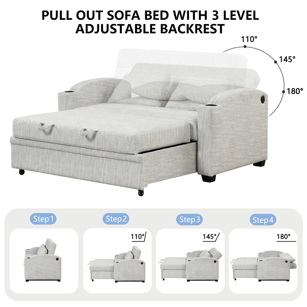 White Gray Chenille Convertible Loveseat Sofa with 2 Pillows T105
