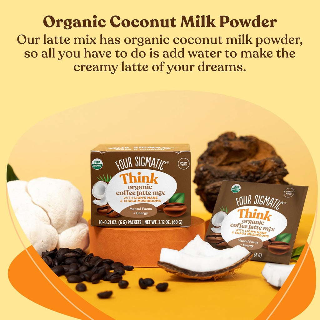 Organic Instant Coffee Latte Mix with Lion's Mane, Chaga Mushrooms & Coconut Milk Powder, 10 Count D628939