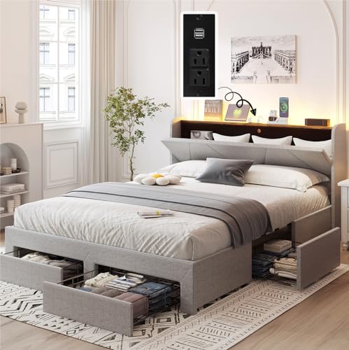 Queen Bed Frame with Storage Headboard & 4 Drawers, LED Upholstered, Light Grey Y2049