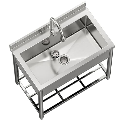 Stainless Steel Single Bowl Freestanding Utility Sink with Pull-Out Faucet, W35.4" x D22.4" x H37" C217