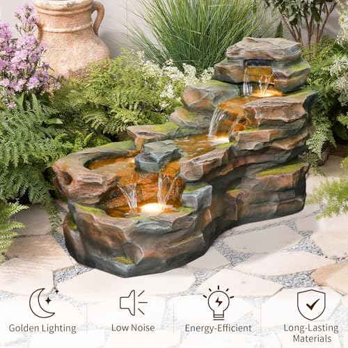 37" 5-Tiers Rock Natural Waterfall Outdoor Fountain with LED Lights K8812