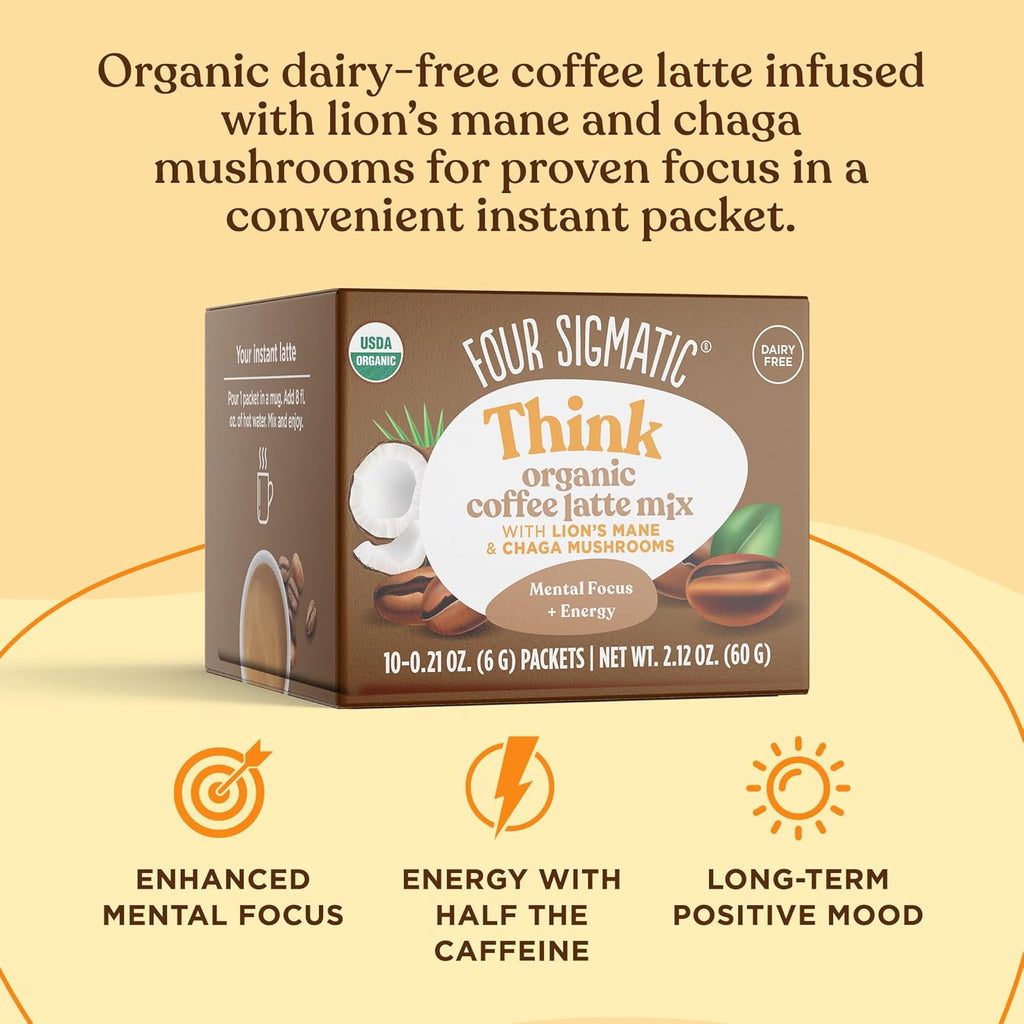Organic Instant Coffee Latte Mix with Lion's Mane, Chaga Mushrooms & Coconut Milk Powder, 10 Count D628939