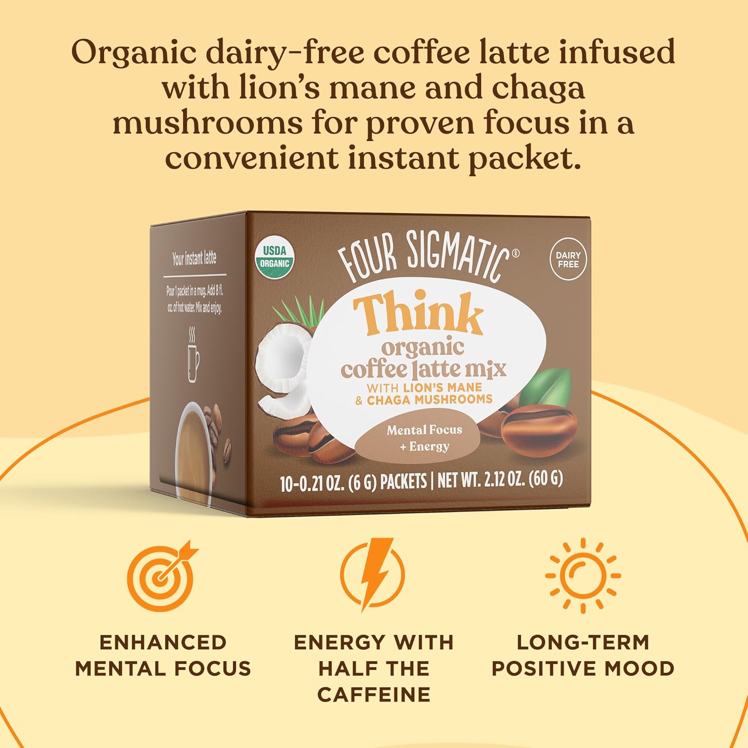 Organic Instant Coffee Latte Mix with Lion's Mane, Chaga Mushrooms & Coconut Milk Powder, 10 Count D628939