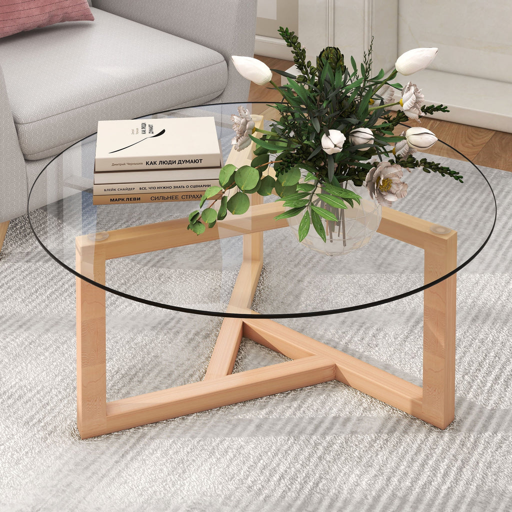 Round Glass Coffee Table with Tempered Glass Top & Wood Base F4419