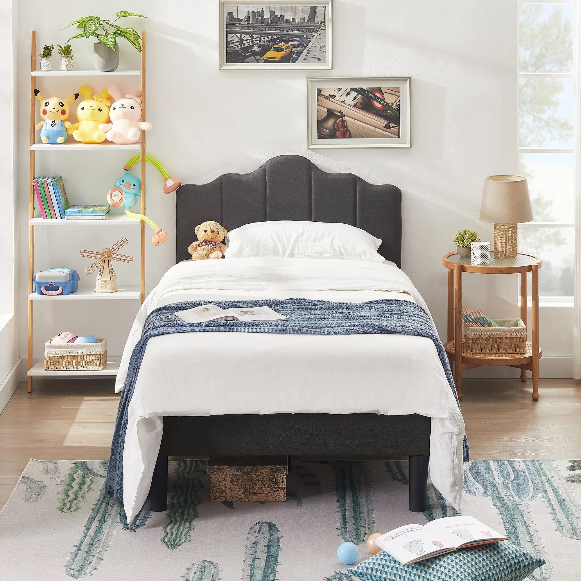 Twin Size Upholstered Platform Bed Frame Dark Grey Y747